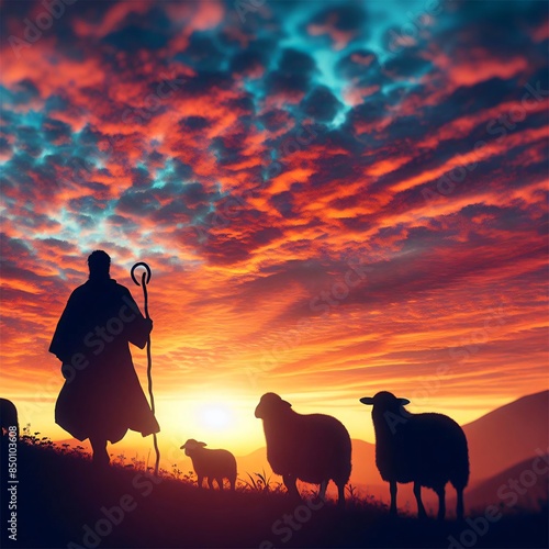 silhouette of a shepherd with his sheep into the sunset