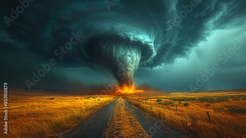 Tornado forming over open plains, dramatic funnel under stormy skies Tornado formation, open plains, severe weather photo