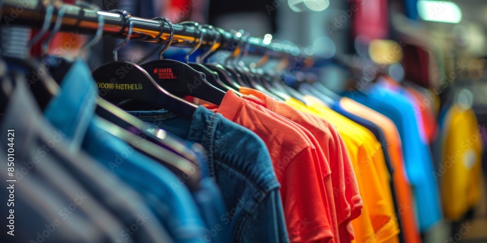 Obraz premium Elegant Clothing Display: A Retail Showcase of Fashionable Apparel on Stylish Hangers. This vibrant image features a curated selection of clothing, beautifully arranged on red and blue hangers, creati