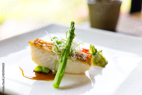 Принти на полотні Grill fish with asparagus in fine dinning restaurant