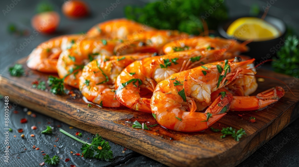 Boiled King Prawns On A Wooden Board, A Top View In A Horizontal Format With Ample Copy Space Boiled King Prawns On A Wooden Board, A Top View In A Horizontal Format With Ample Copy Space