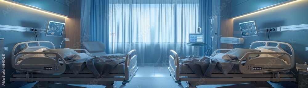 Hospital room with two beds and a monitor for patient monitoring and care Hospital room with two beds and a monitor for patient monitoring and care
