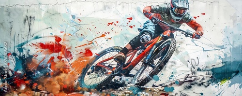 Dynamic mural of a cyclist in vibrant colors, capturing the intense motion and spirit of mountain biking for art and sports enthusiasts.