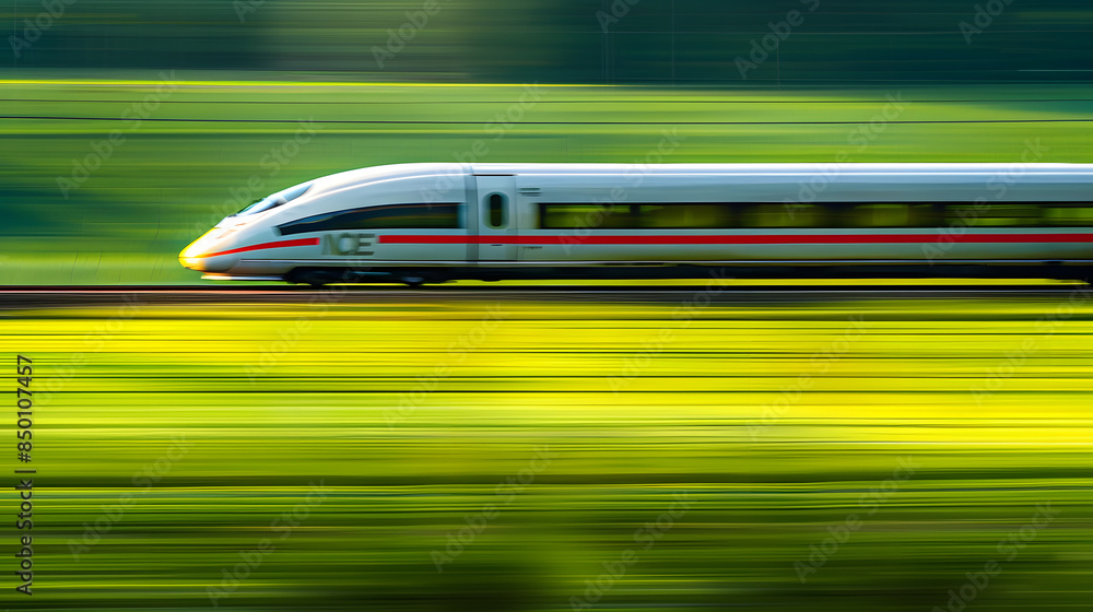 Fototapeta premium A red train is traveling down a track through a field