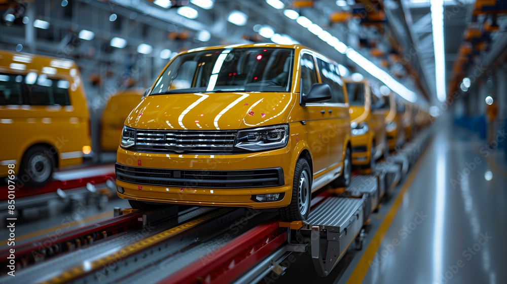 Production of microbuses at the factory. Cars on the conveyor. New car sale