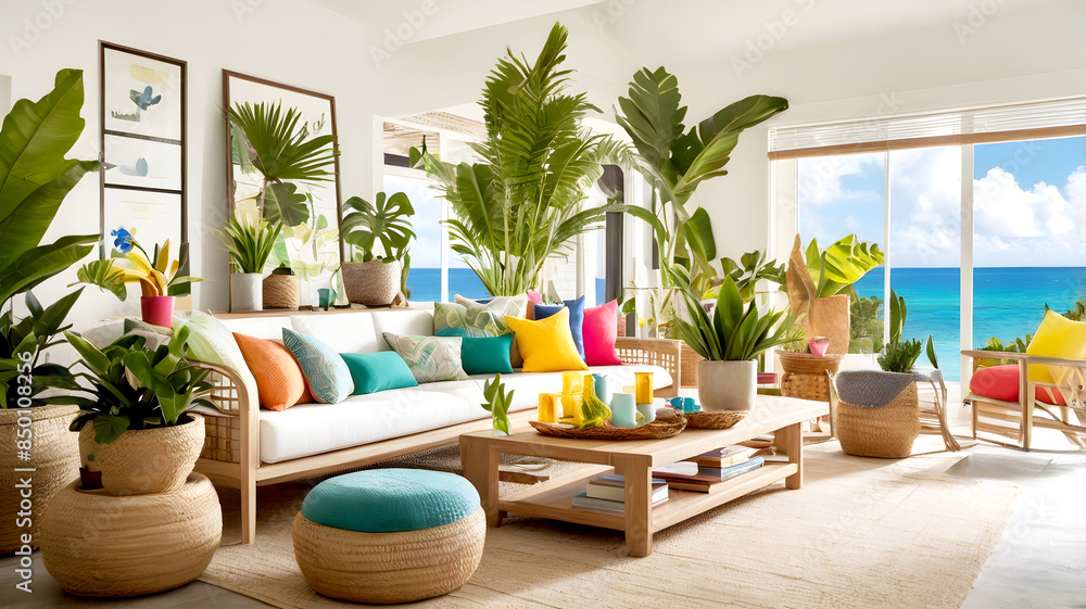 Fototapeta premium Create a modern Caribbean getaway living room with tropical plants and colorful decor