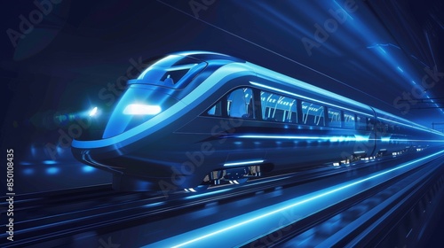 A futuristic high-speed train exits a tunnel on a viaduct against a dark blue backdrop, representing logistics, tourism, technology, and transport in a 3D vector illustration. © Nicat