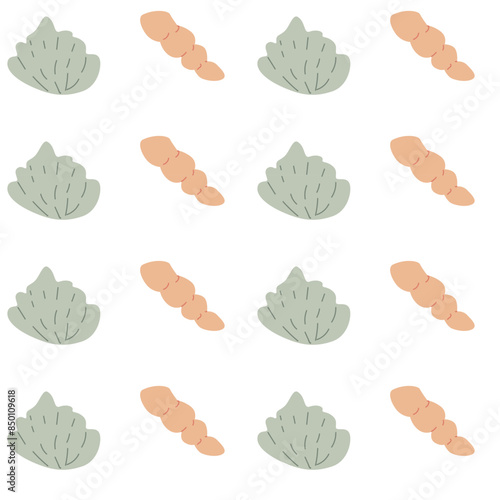 Childrens cute fashion pattern. Childish sea shell seamless background. Marine life elements pattern. Nursery design. Pastel colors. Clams background, seashells, seaweed print. Seashore beach elements