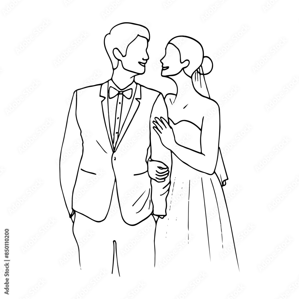 Fototapeta premium man and a woman stand next to each other with a smile - hand drawn doodle illustration of the bride hugging the hand of the groom standing next to him, they are happy