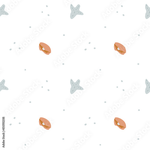 Childrens cute fashion pattern. Childish sea shell seamless background. Marine life elements pattern. Nursery design. Pastel colors. Clams background, seashells, seaweed print. Seashore beach elements