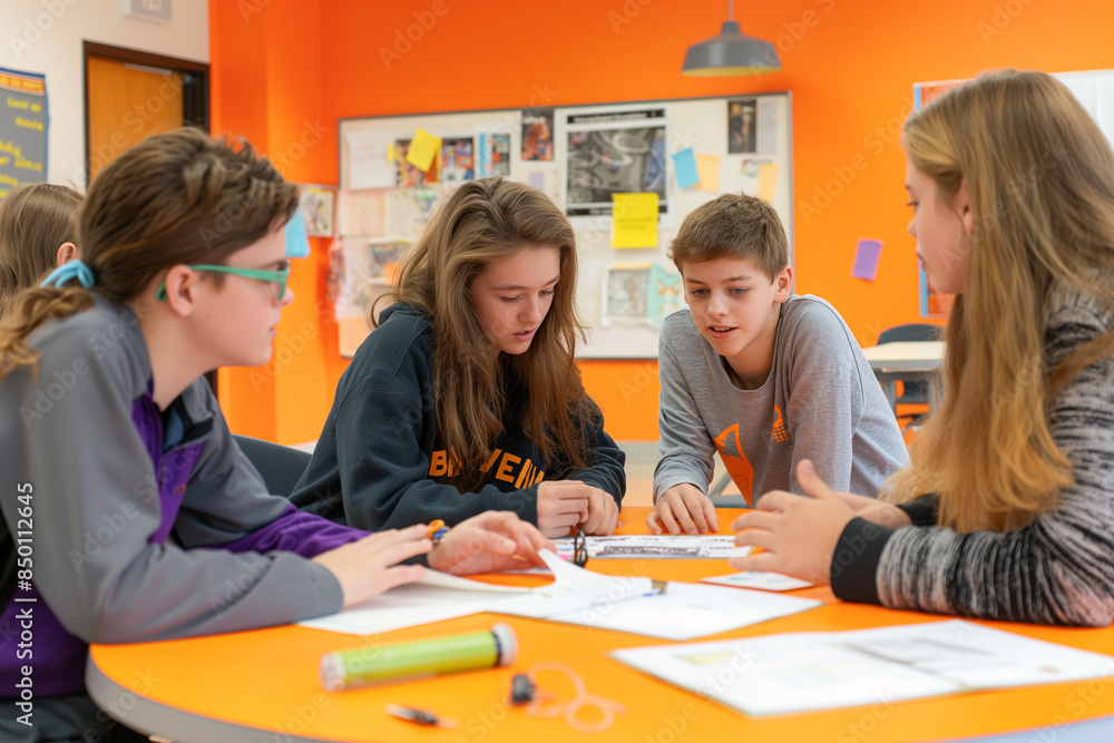 Group of students collaborating on a project in a modern classroom, fostering teamwork, creativity, and educational growth Group of students collaborating on a project in a modern classroom, fostering teamwork, creativity, and educational growth