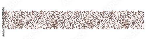 Cocoa or chocolate background. Beans and branches leaves. Editable outline stroke. Vector line. Pattern design element.