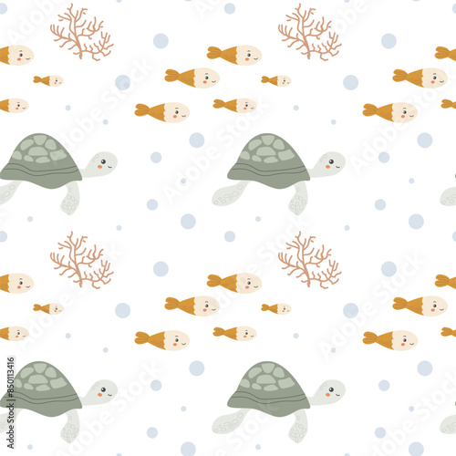 Childrens sea animals pattern, childish ocean marine life seamless background. Nursery baby animals print. Underwater inhabitants collection background for kids textile, clothes, wallpapers.