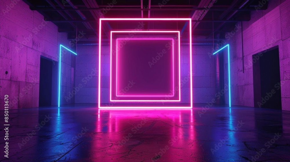 Large neon light glowing blank picture frame on a dark background in an empty room Large neon light glowing blank picture frame on a dark background in an empty room