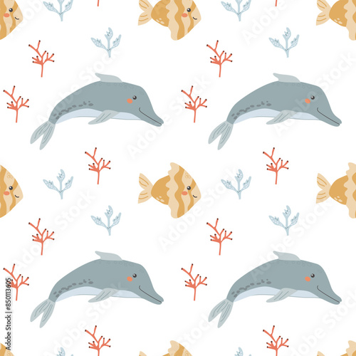 Childrens sea animals pattern, childish ocean marine life seamless background. Nursery baby animals print. Underwater inhabitants collection background for kids textile, clothes, wallpapers.