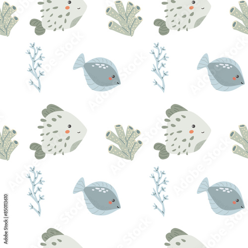 Childrens sea animals pattern, childish ocean marine life seamless background. Nursery baby animals print. Underwater inhabitants collection background for kids textile, clothes, wallpapers.