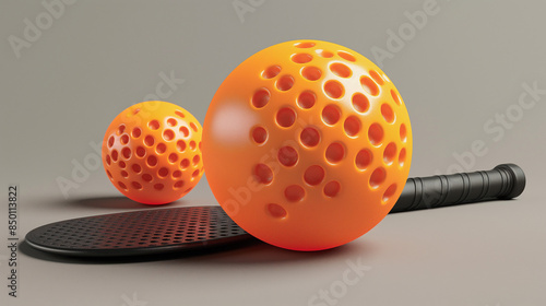 A yellow ball with a pickleball and two paddle rackets on white background photo