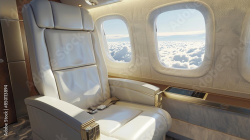 Luxurious private jet interior with a comfortable seat, wooden accents, and scenic sky view through windows, exuding elegance and exclusivity.