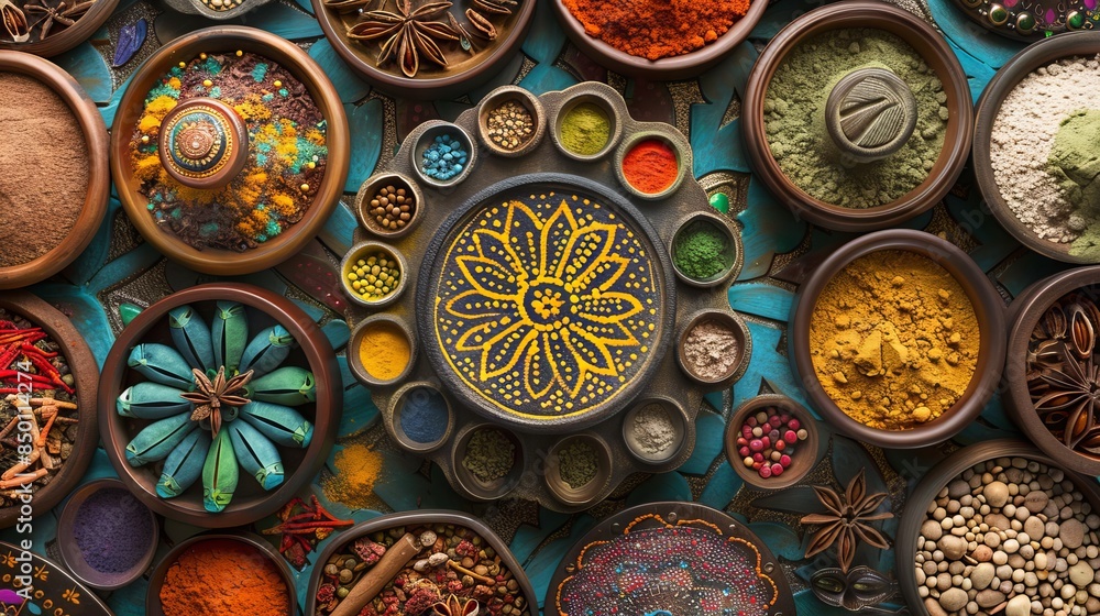 Indian spice market layout pattern of travel essentials including a spice market, incense, and henna tattoo against a backdrop of vibrant colors and exotic scents. Indian spice market layout pattern of travel essentials including a spice market, incense, and henna tattoo against a backdrop of vibrant colors and exotic scents.