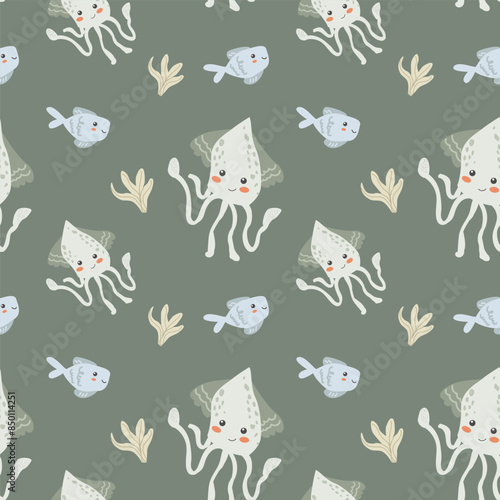Childrens sea animals pattern, childish ocean marine life seamless background. Nursery baby animals print. Underwater inhabitants collection background for kids textile, clothes, wallpapers.