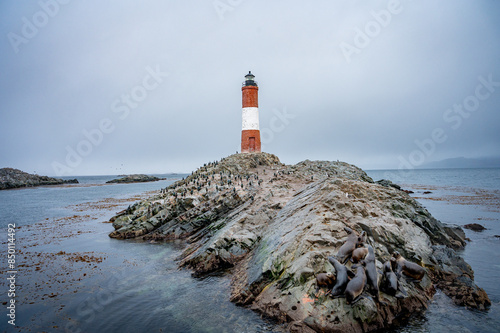 Lighthouse end of world, Canal Beagle, Ushuaia, Argentina with penguins and sea  photo