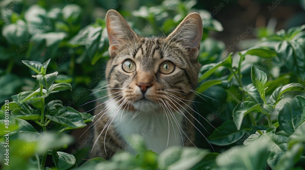 A Tabby And White Cat Exploring The Outdoors Among Green Plants In A Garden A Tabby And White Cat Exploring The Outdoors Among Green Plants In A Garden