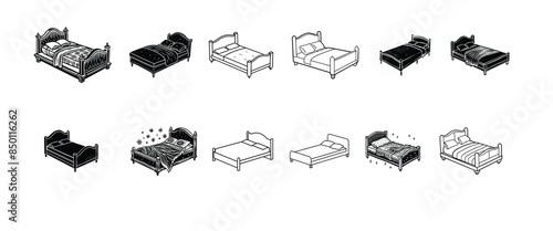 Various types of beds are depicted in illustrations, such as loft beds and sleigh beds. Bed icon collection
