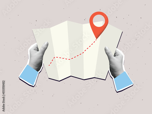 Hands holds a map with a way and a red pin mark. Target or destination concept. Modern collage vector illustration