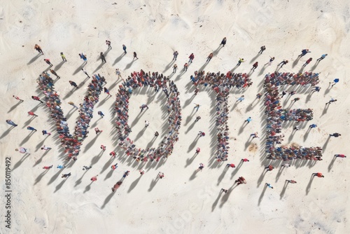 The word Vote is made of people standing and gathered together. aerial view of humans.