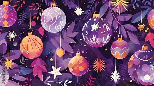 Abstract banner with purple christmas balls. 