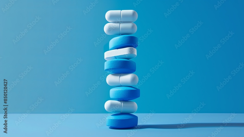 Balanced Blue and White Antibiotic Capsules on Blue Balanced Blue and White Antibiotic Capsules on Blue