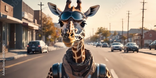 funny giraffe with protective suit driving roller blades on street. Extremely detailed high resolution illustration © RobinsonIcious