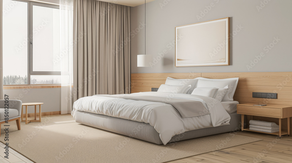 Obraz premium Minimalist modern hotel room in beige tone with natural window lighting. Interiors composition.
