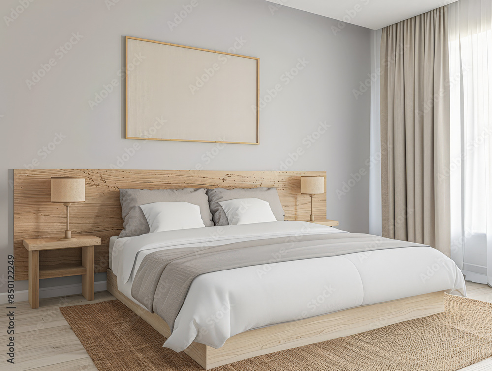 Minimalist modern hotel room in beige tone with natural window lighting. Interiors composition. Minimalist modern hotel room in beige tone with natural window lighting. Interiors composition.