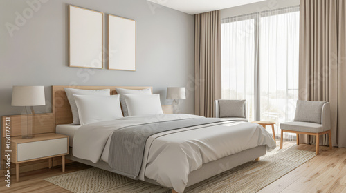 Minimalist modern hotel room in beige tone with natural window lighting. Interiors composition.