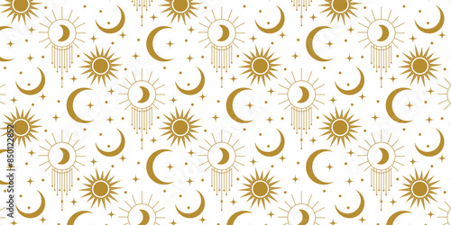 Mystical Celestial Pattern: A seamless pattern featuring mystical celestial symbols, including suns, moons, and stars, in gold on a white background. Perfect for fabric, wallpaper, or gift wrap design