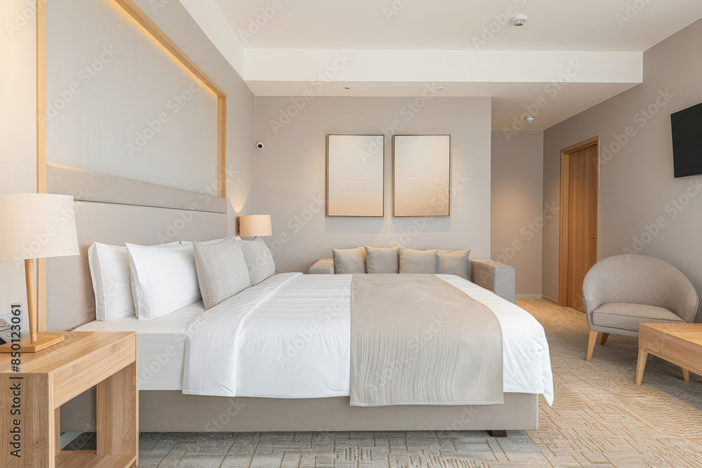Fototapeta premium Minimalist modern hotel room in beige tone with natural window lighting. Interiors composition.