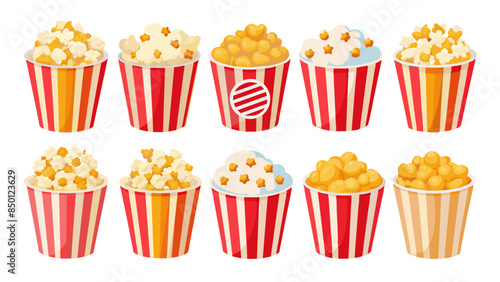 Set Of Popcorn Buckets Vector Illustration, Collection Of Popcorn Bucket

