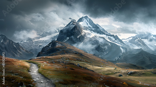 A mountain range with snow on the top and a cloudy sky