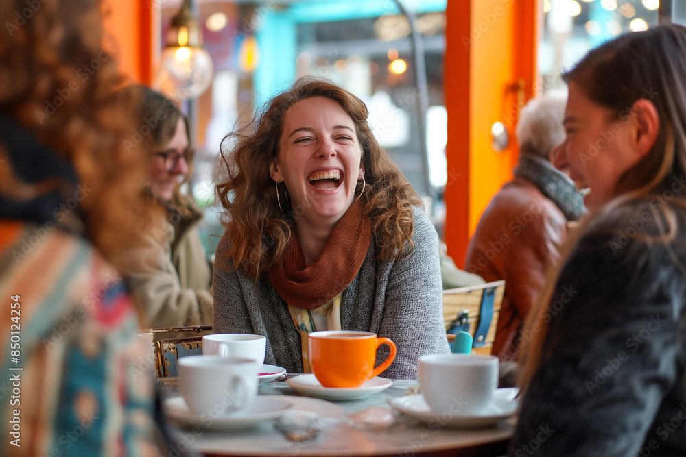 Friends sharing laughter over coffee in a cozy café, surrounded by warm colors and a lively atmosphere. The scene radiates joy, connection, and happiness Friends sharing laughter over coffee in a cozy café, surrounded by warm colors and a lively atmosphere. The scene radiates joy, connection, and happiness