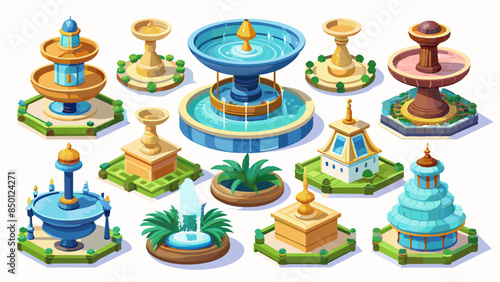 Set Of Fountains Vector Illustration, Collection Of Fountains
