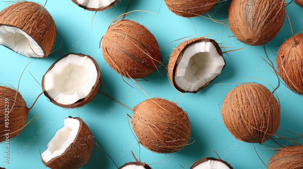 Fresh coconuts on blue background. Fresh coconuts on blue background.
