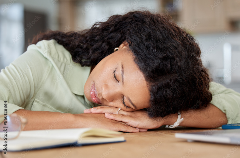 Black woman, tired and sleeping on desk with notebook for planning strategy, remote work and burnout in home. Entrepreneur, African lady and nap on table for fatigue with stress for startup business Black woman, tired and sleeping on desk with notebook for planning strategy, remote work and burnout in home. Entrepreneur, African lady and nap on table for fatigue with stress for startup business