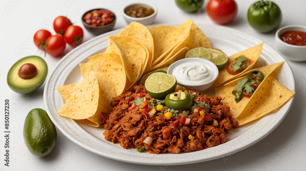 Mexican food featuring tacos, burritos, nachos, and more. Flat lay with copy space Mexican food featuring tacos, burritos, nachos, and more. Flat lay with copy space