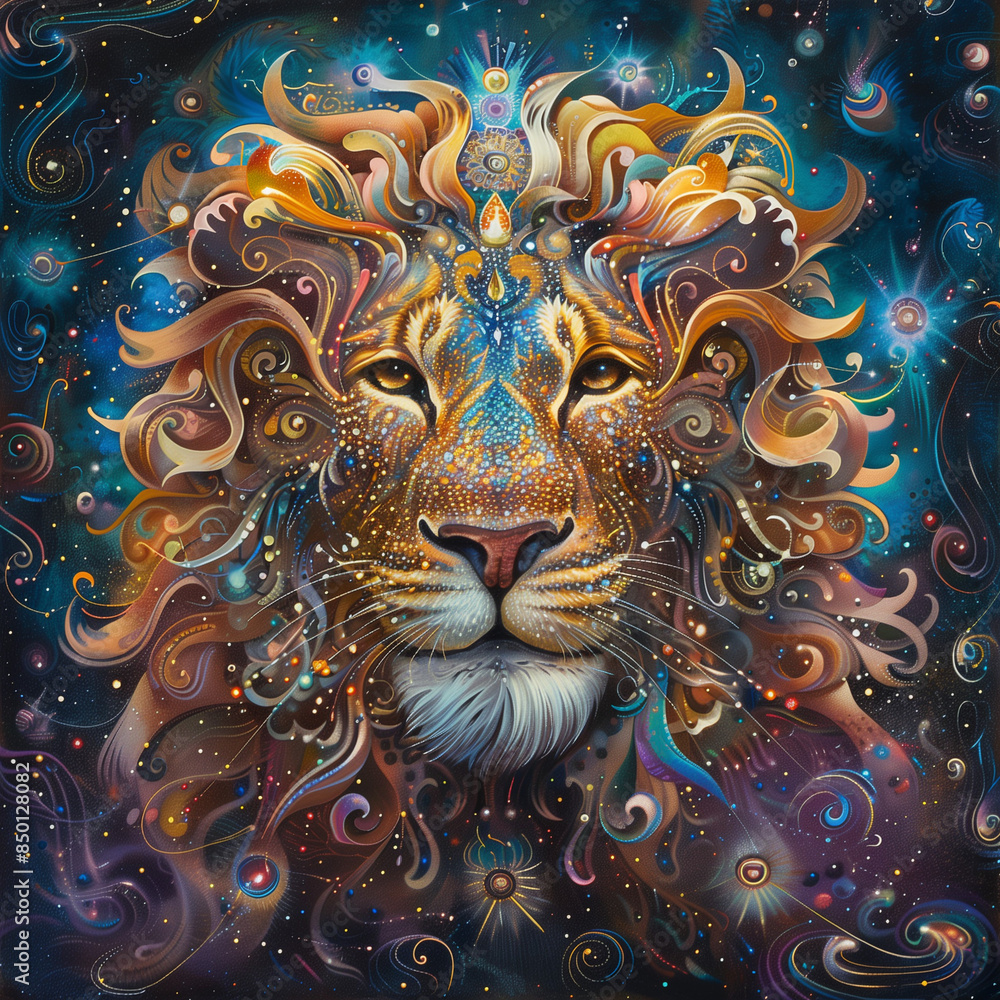 An intricate, cosmic lion head surrounded by vibrant swirling patterns, symbolizing power and mysticism in a stunning fantasy artwork An intricate, cosmic lion head surrounded by vibrant swirling patterns, symbolizing power and mysticism in a stunning fantasy artwork