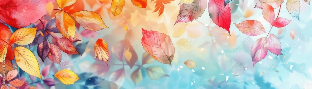 Fototapeta premium Multicolor autumn leaves in pastel, background postcard in watercolor style