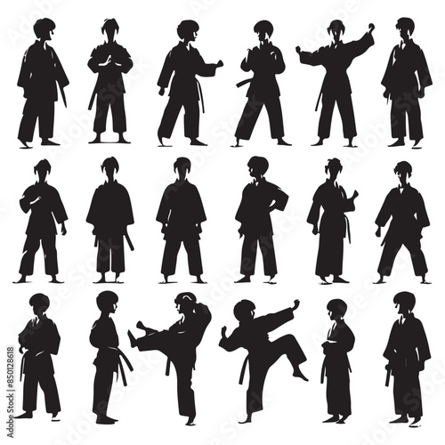 Silhouette set of young karate boys. Vector isolated illustration