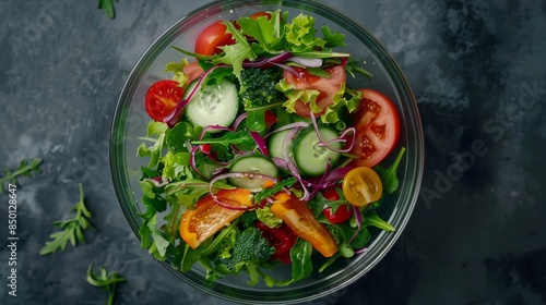 Aerial view of a rotating bowl of fresh salad ingredients
