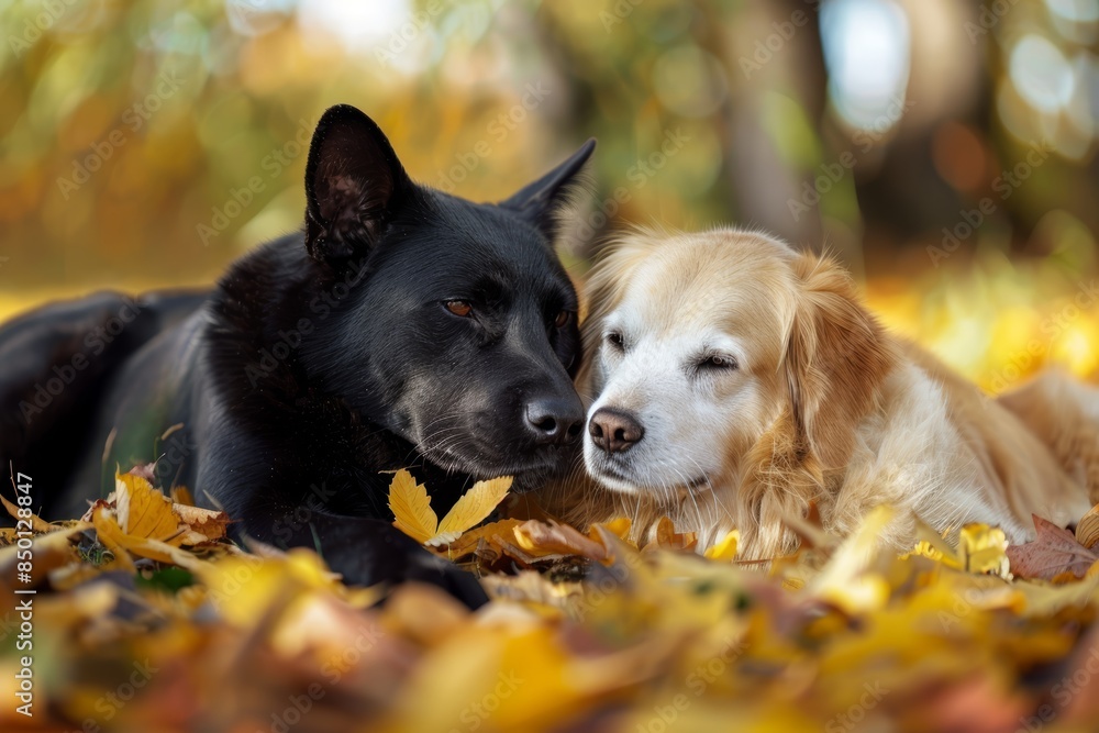 A black and white dog couple sleeping together at an autumn day together very beautiful and lovely. A black and white dog couple sleeping together at an autumn day together very beautiful and lovely.
