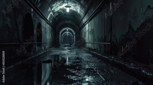 Dimly lit corridor with water on the floor in an abandoned building